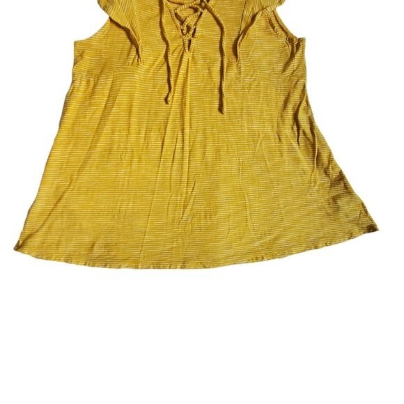 Old Navy yellow white striped flutter sleeve lace-up tie front top sz M - Picture 5 of 10